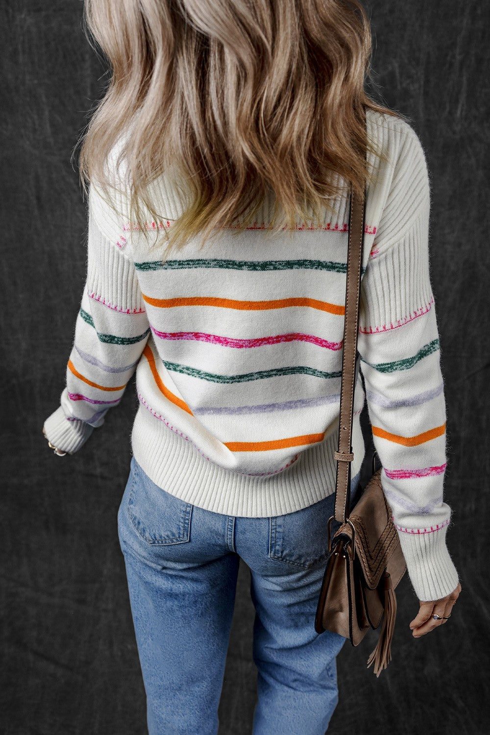 Keep It Classy Striped Round Neck Dropped Shoulder Sweater