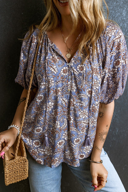 Printed Tie Neck Half Sleeve Blouse