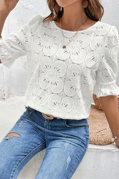 Round Neck Flounce Sleeve Blouse