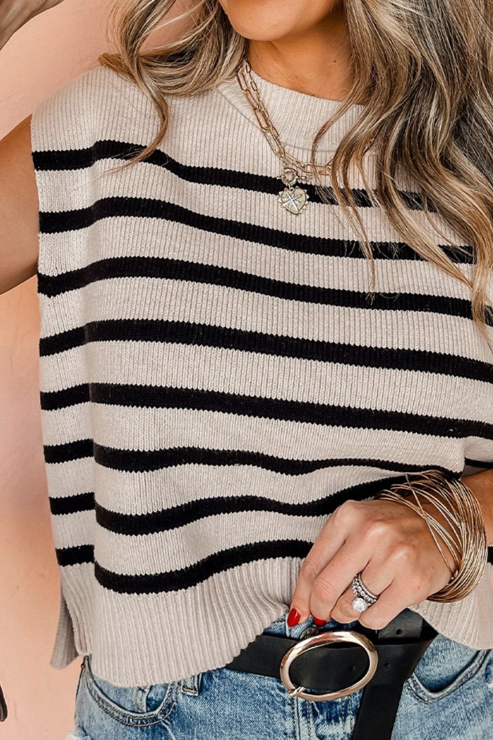 Striped Round Neck Knit Vest