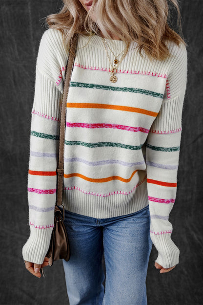 Keep It Classy Striped Round Neck Dropped Shoulder Sweater