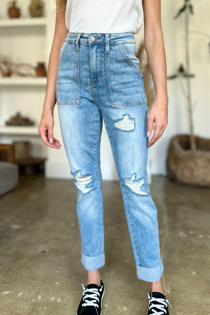 Judy Blue Distressed Patch Pocket Straight Jeans