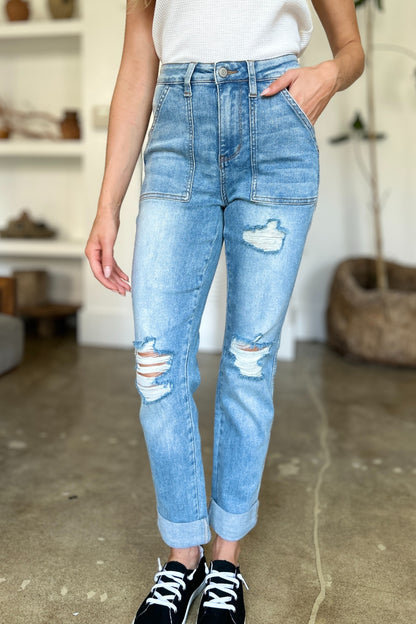 Judy Blue Distressed Patch Pocket Straight Jeans