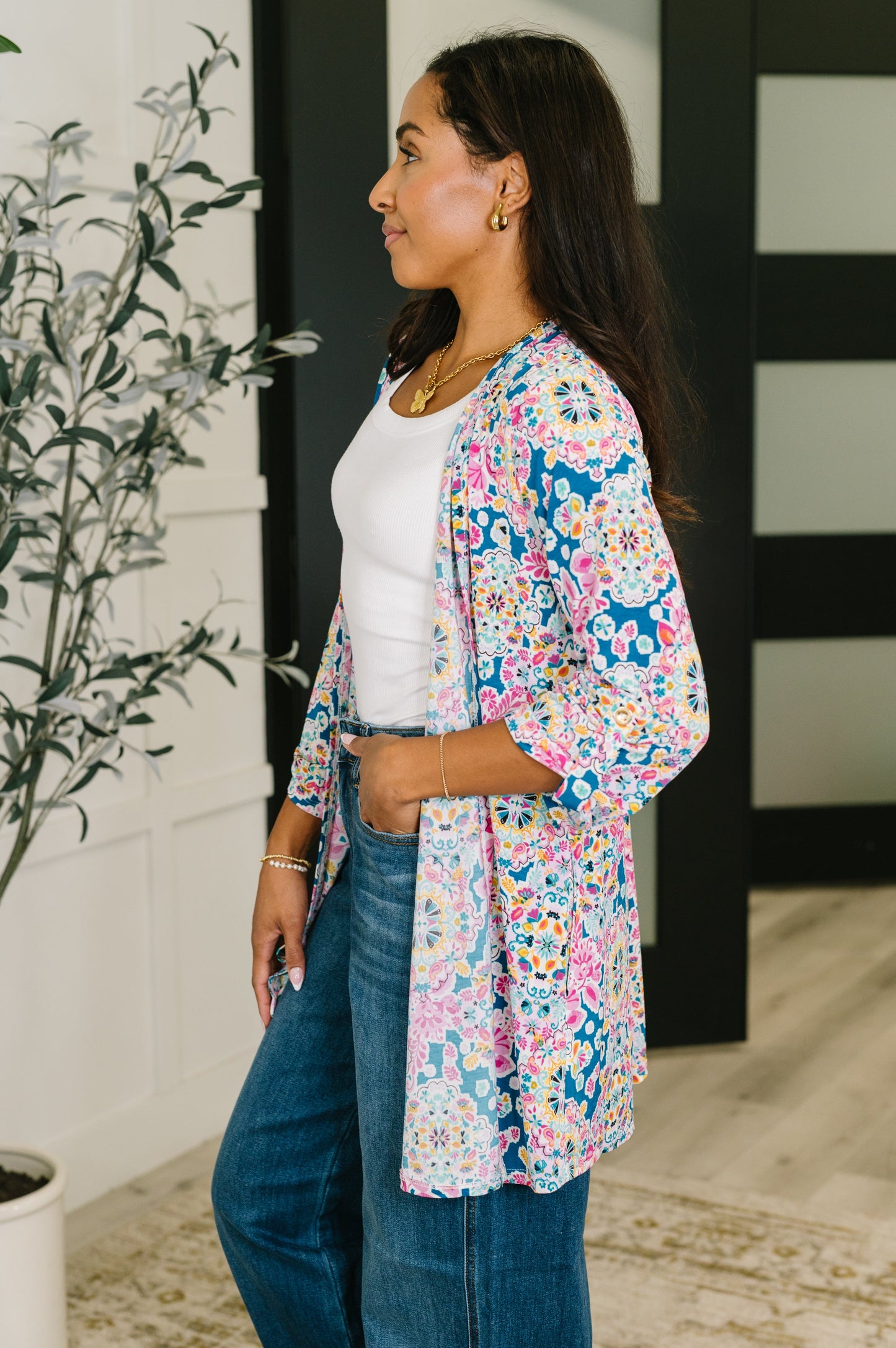 Lizzy Cardigan in Teal and Pink Floral Abstract
