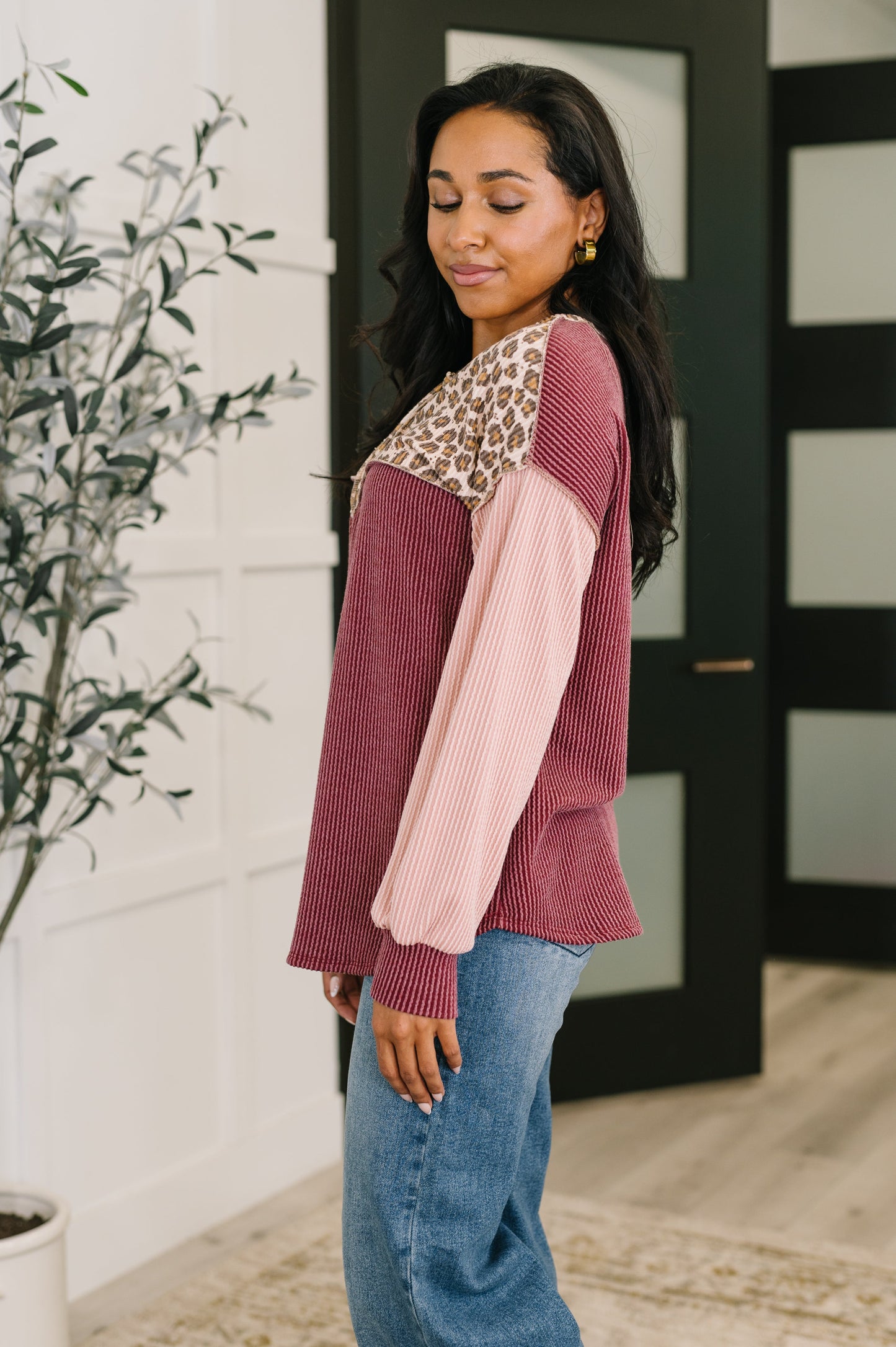 Spotted & Blocked Color Block Henley Top