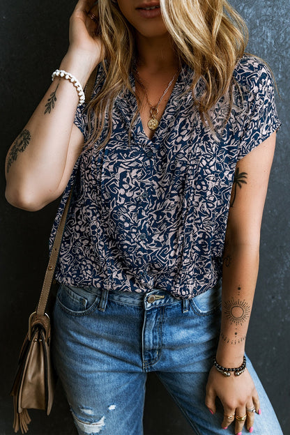 Printed Notched Short Sleeve Blouse