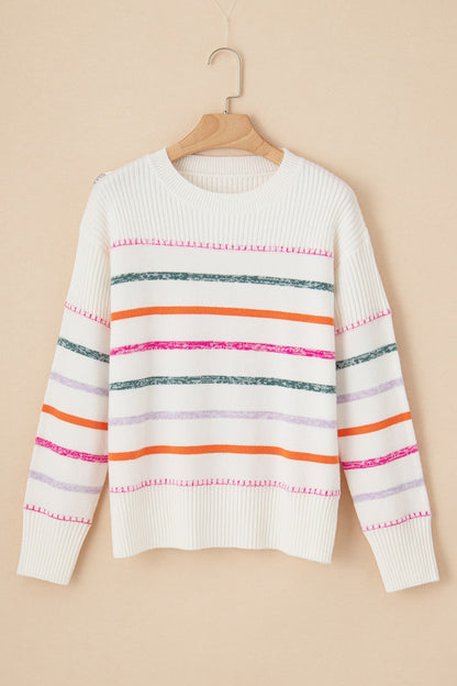 Keep It Classy Striped Round Neck Dropped Shoulder Sweater