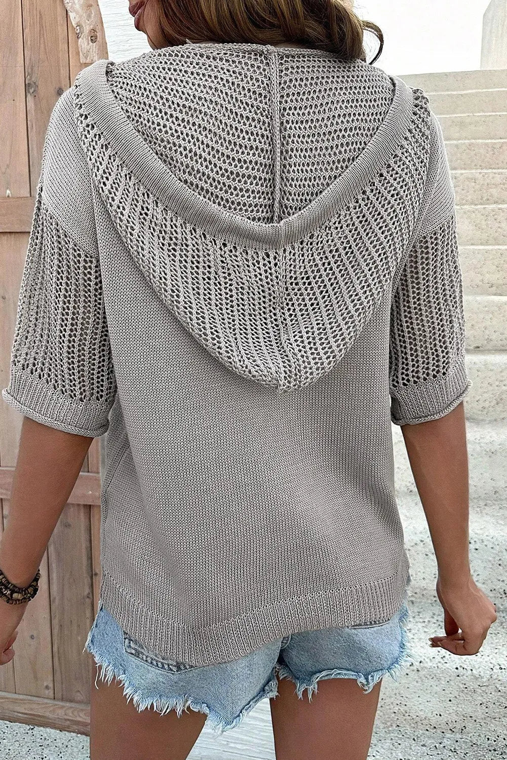 Drawstring Half Sleeve Hooded Sweater