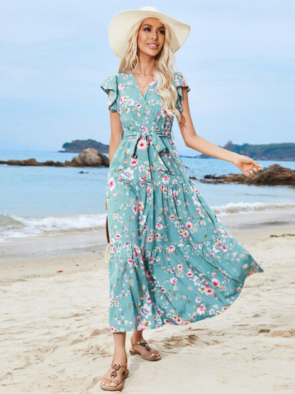 Ruffled Printed Surplice Cap Sleeve Midi Dress