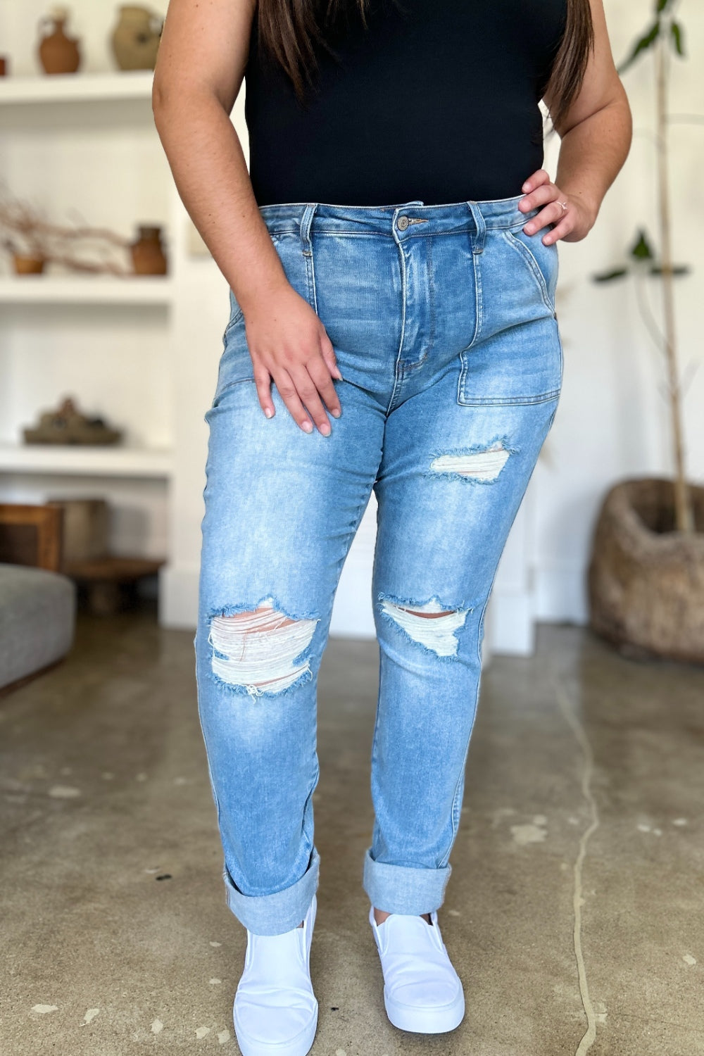 Judy Blue Distressed Patch Pocket Straight Jeans