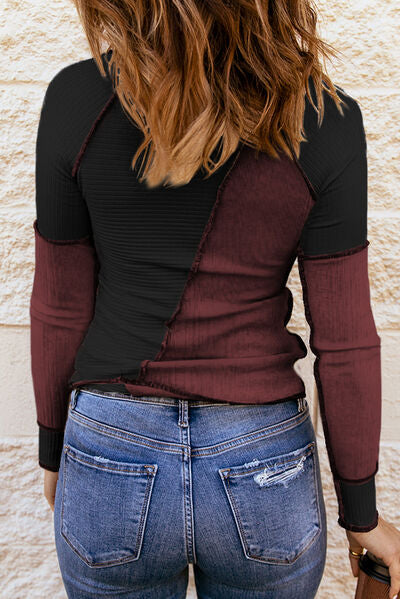 Color Block Round Neck Long Sleeve Top