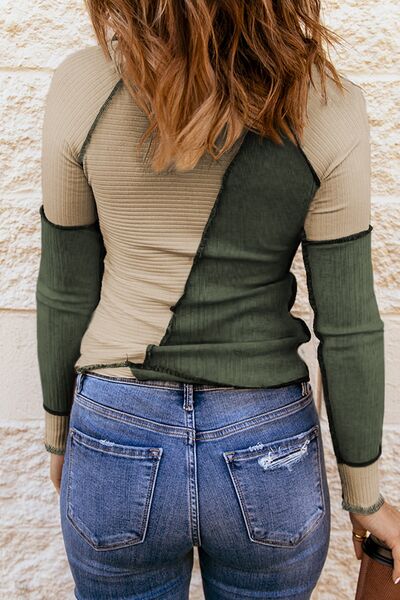 Color Block Round Neck Long Sleeve Top