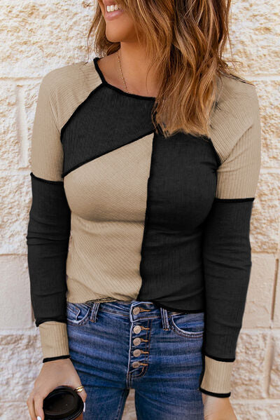 Color Block Round Neck Long Sleeve Top