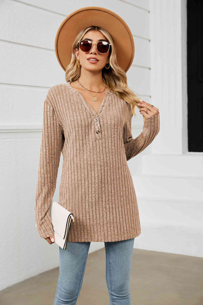 Notched Neck Ribbed Long Sleeve T-Shirt