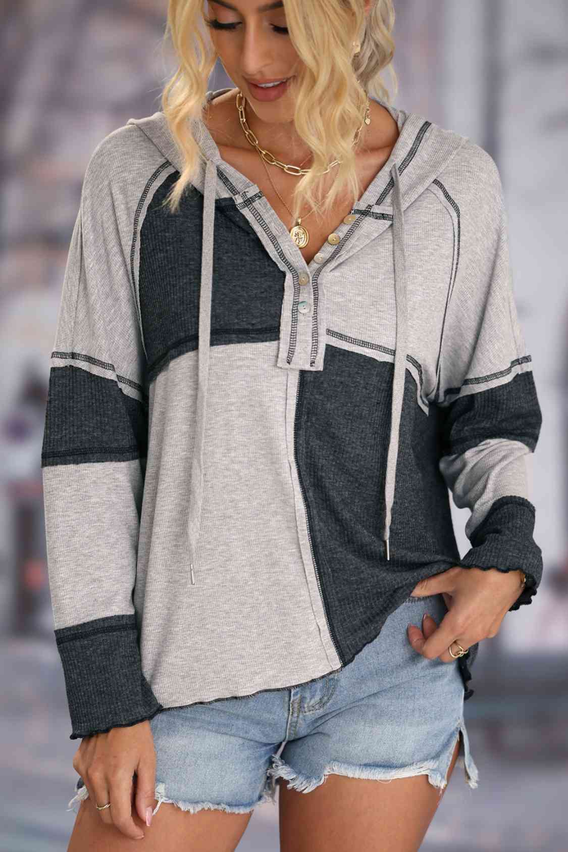 Exposed Seam Color Block Hoodie with Drawstring