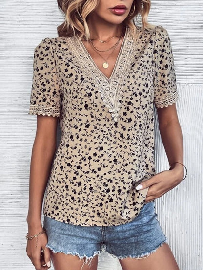 Printed V-Neck Short Sleeve Blouse