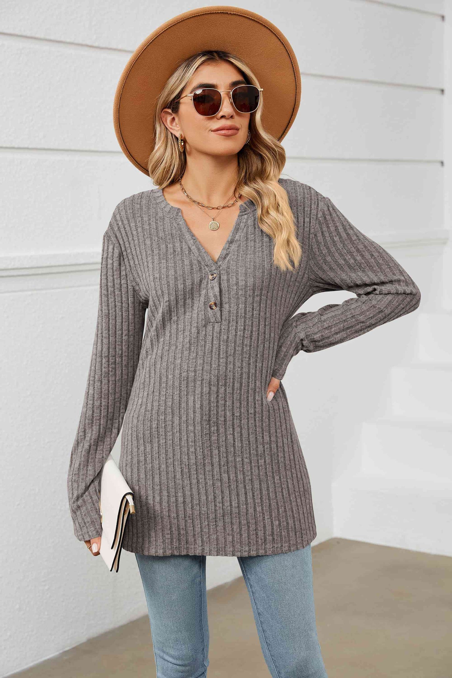 Notched Neck Ribbed Long Sleeve T-Shirt