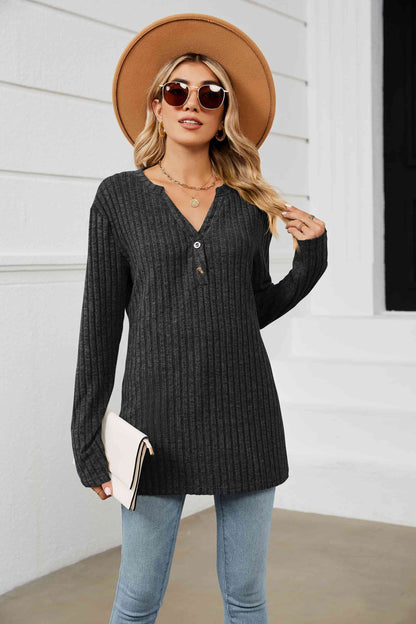 Notched Neck Ribbed Long Sleeve T-Shirt