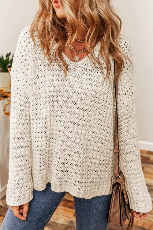 Openwork Round Neck Long Sleeve Sweater