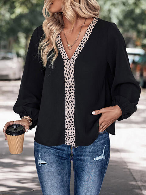 Contrast V-Neck Long Sleeve Blouse