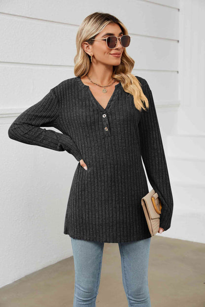 Notched Neck Ribbed Long Sleeve T-Shirt