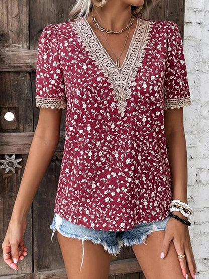 Printed V-Neck Short Sleeve Blouse