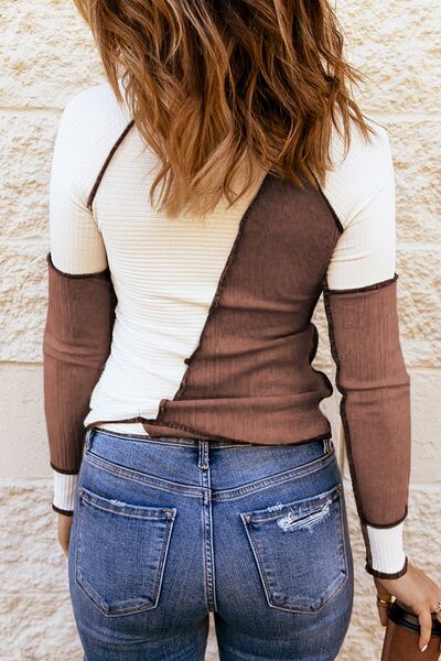 Color Block Round Neck Long Sleeve Top