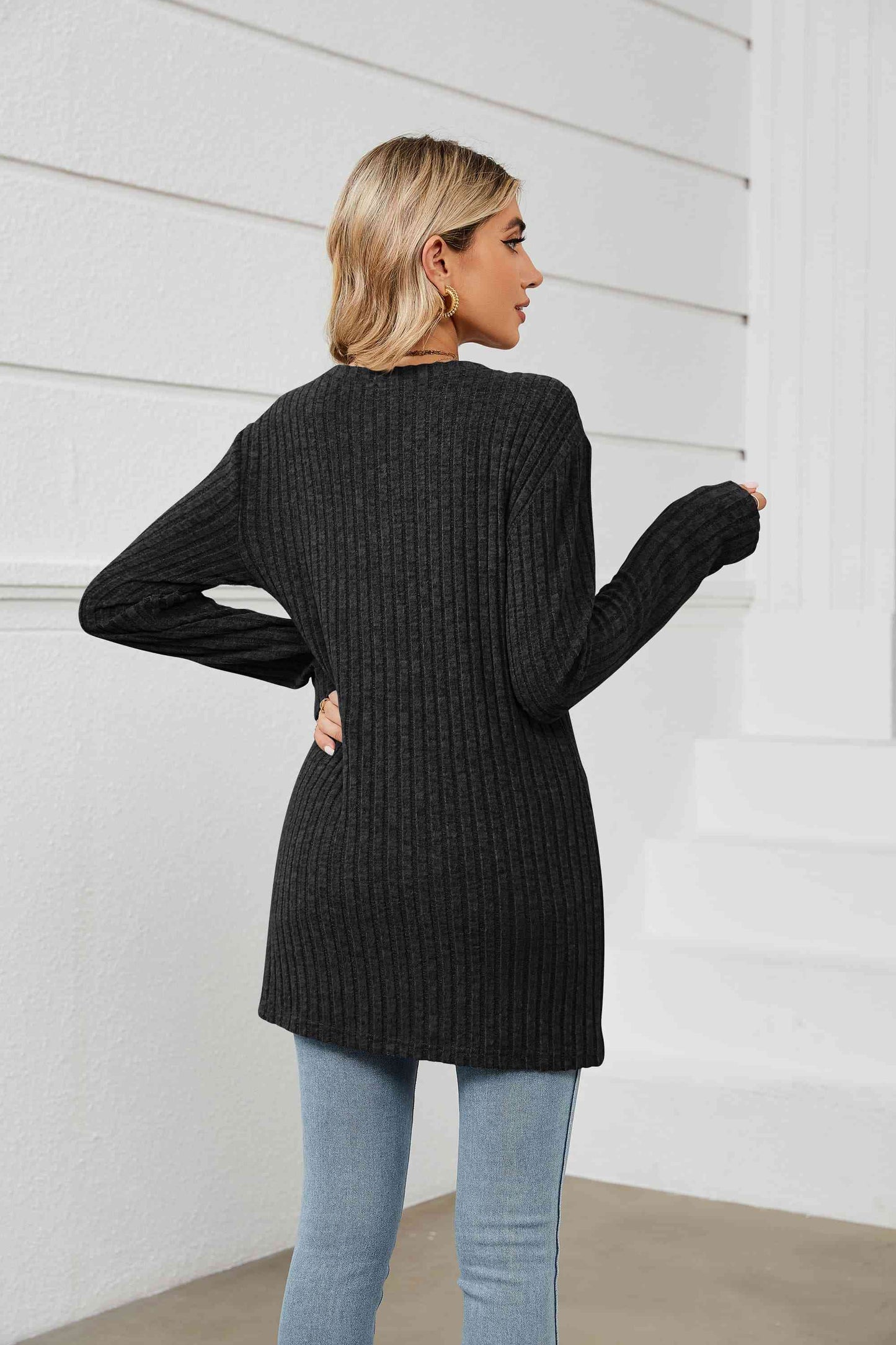 Notched Neck Ribbed Long Sleeve T-Shirt