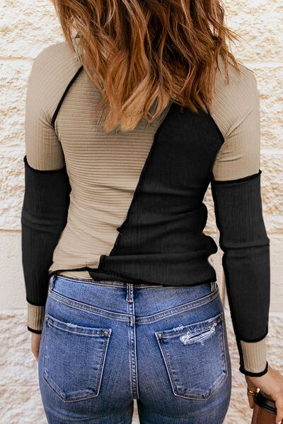 Color Block Round Neck Long Sleeve Top