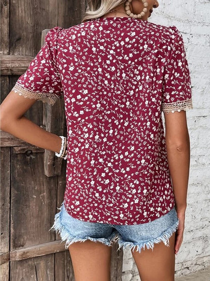 Printed V-Neck Short Sleeve Blouse