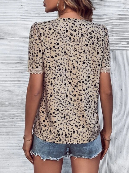 Printed V-Neck Short Sleeve Blouse