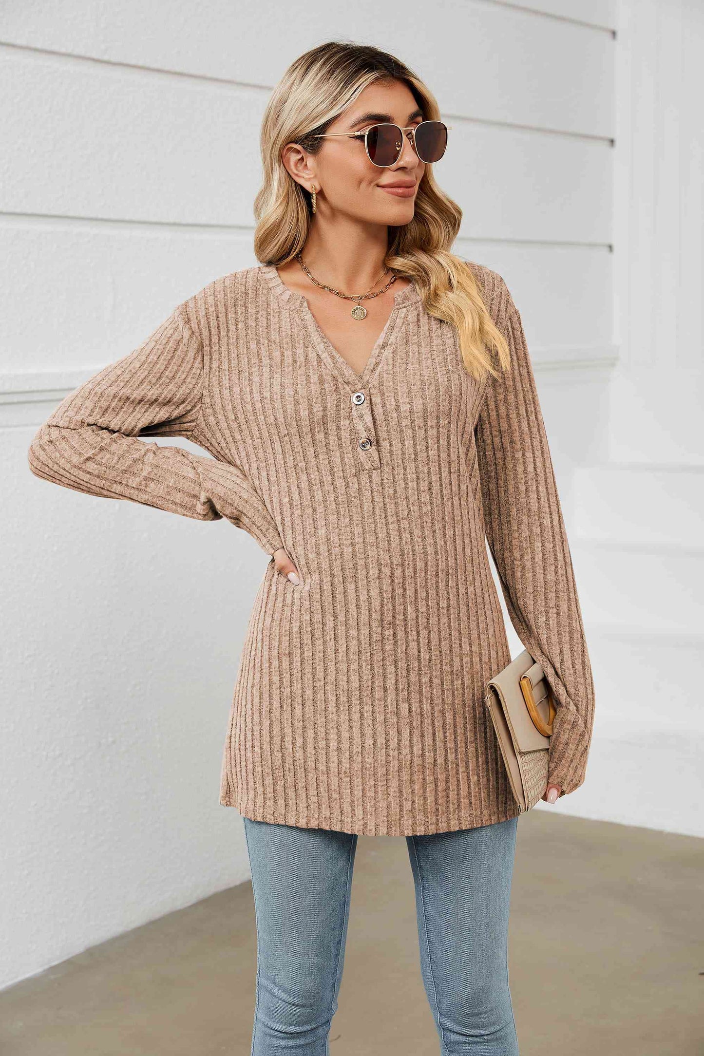 Notched Neck Ribbed Long Sleeve T-Shirt