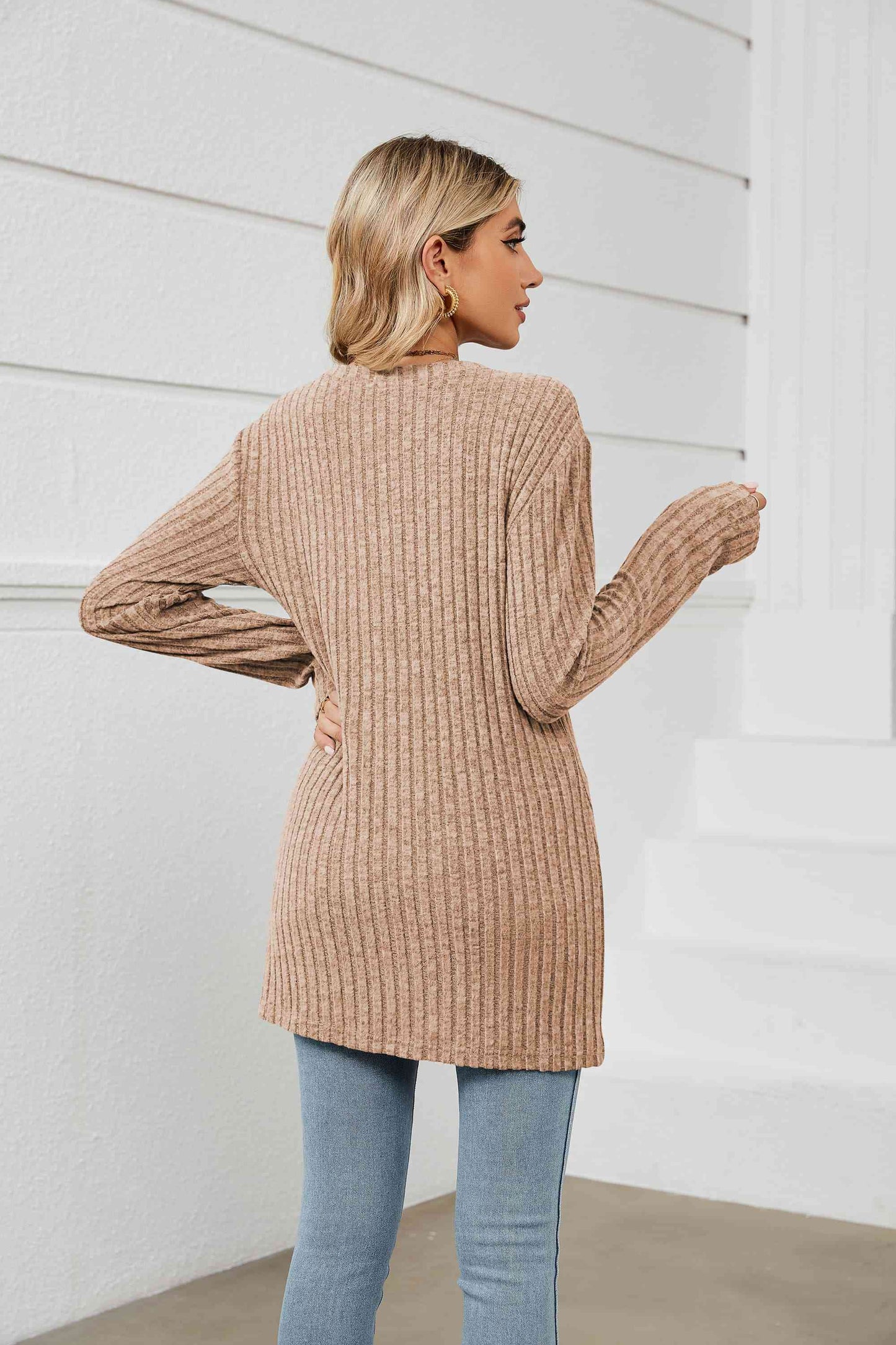 Notched Neck Ribbed Long Sleeve T-Shirt