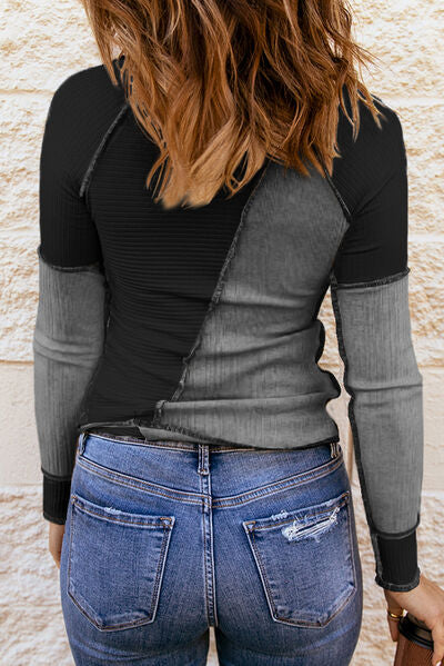 Color Block Round Neck Long Sleeve Top