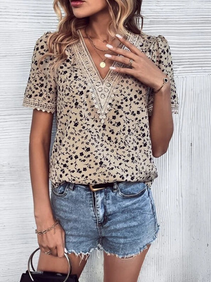 Printed V-Neck Short Sleeve Blouse