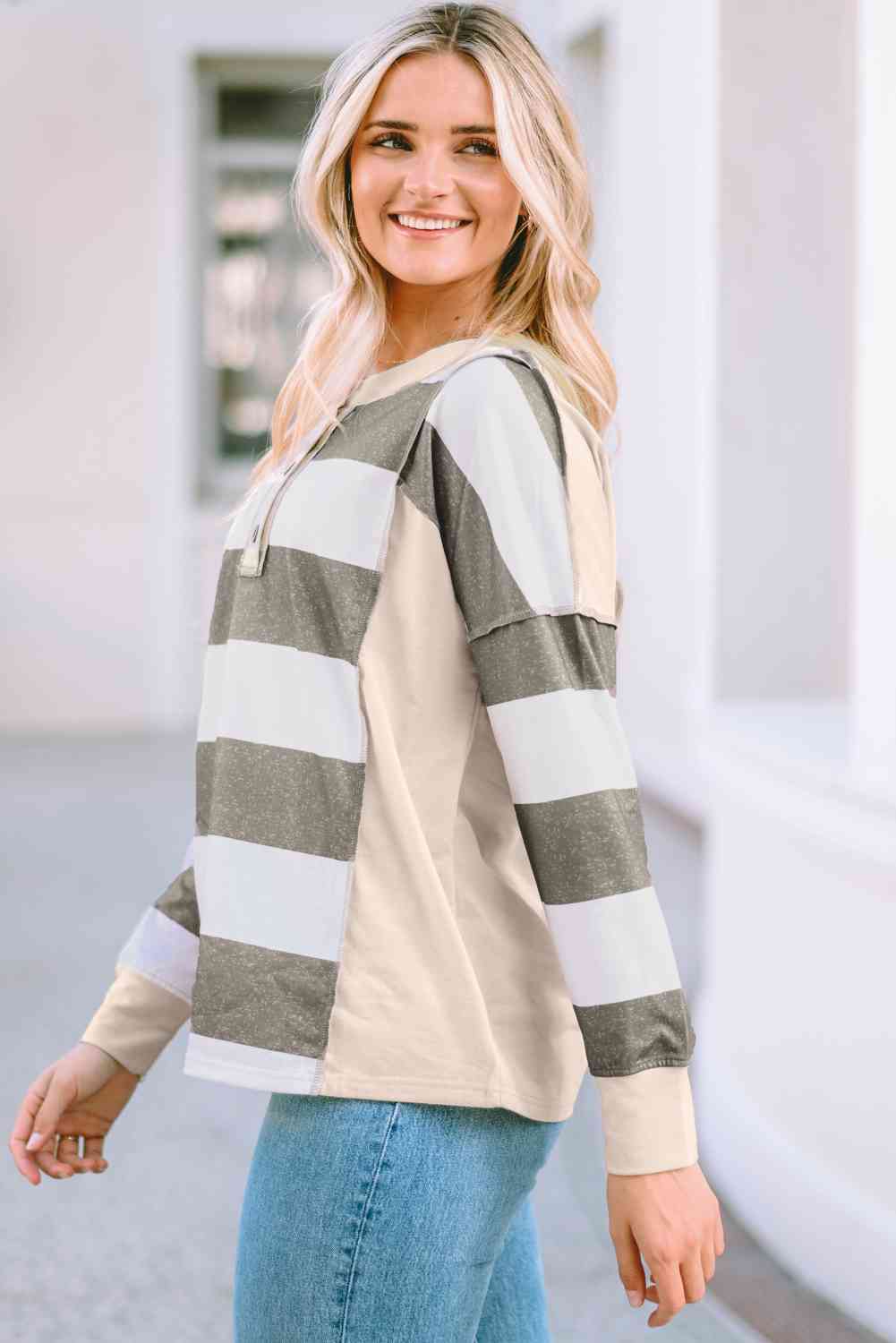 Striped Exposed Seam Buttoned T-Shirt