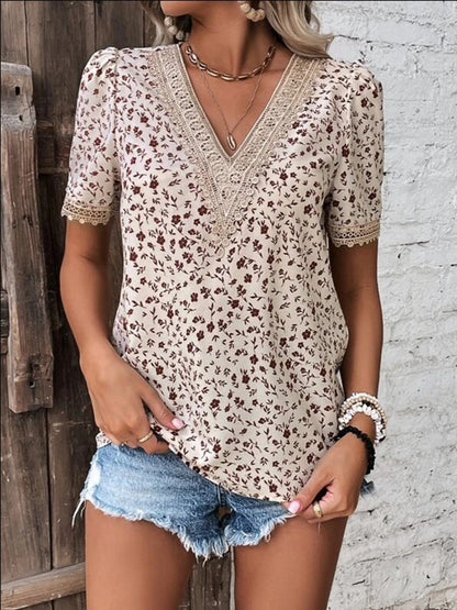 Printed V-Neck Short Sleeve Blouse