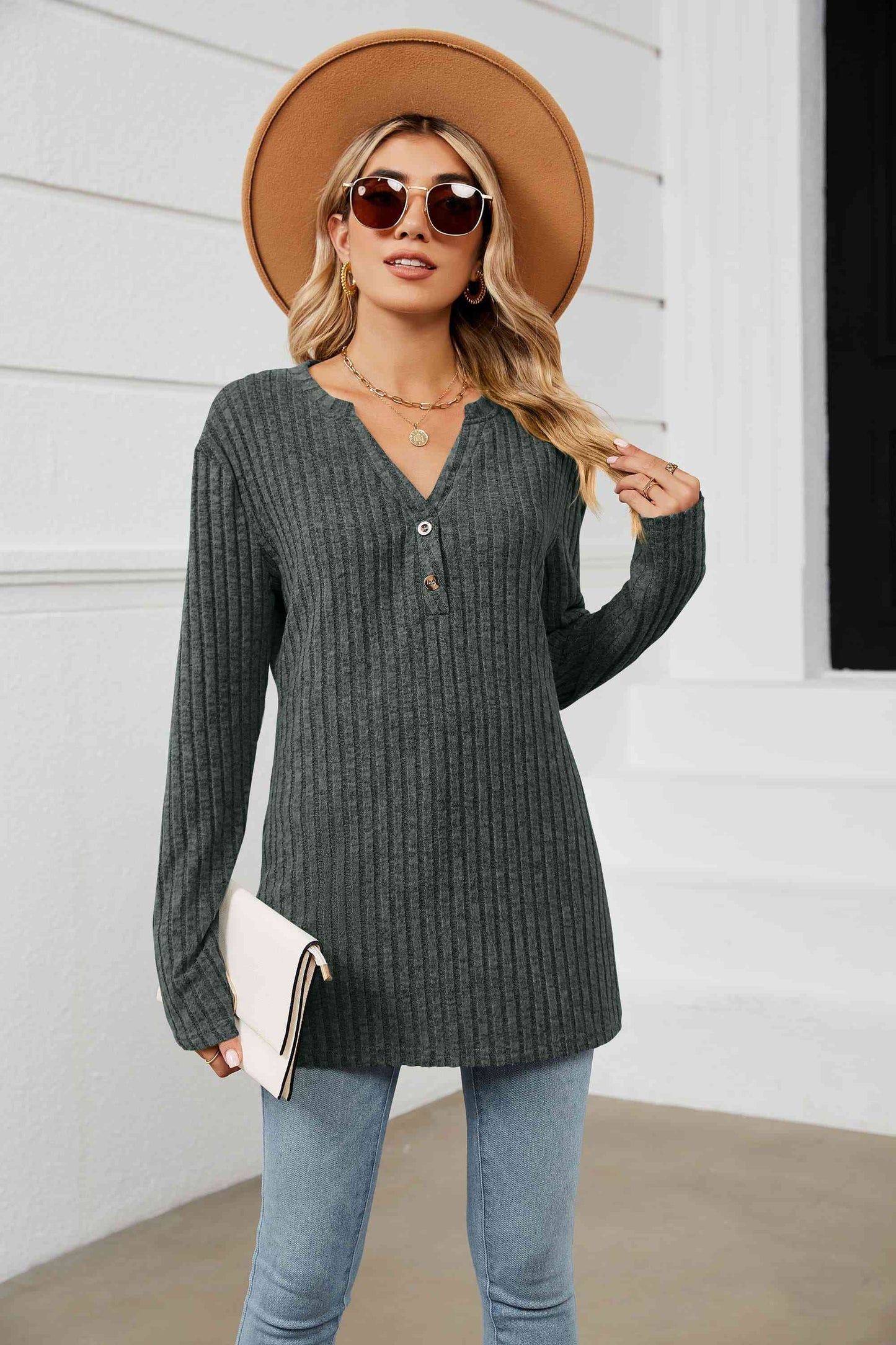 Notched Neck Ribbed Long Sleeve T-Shirt