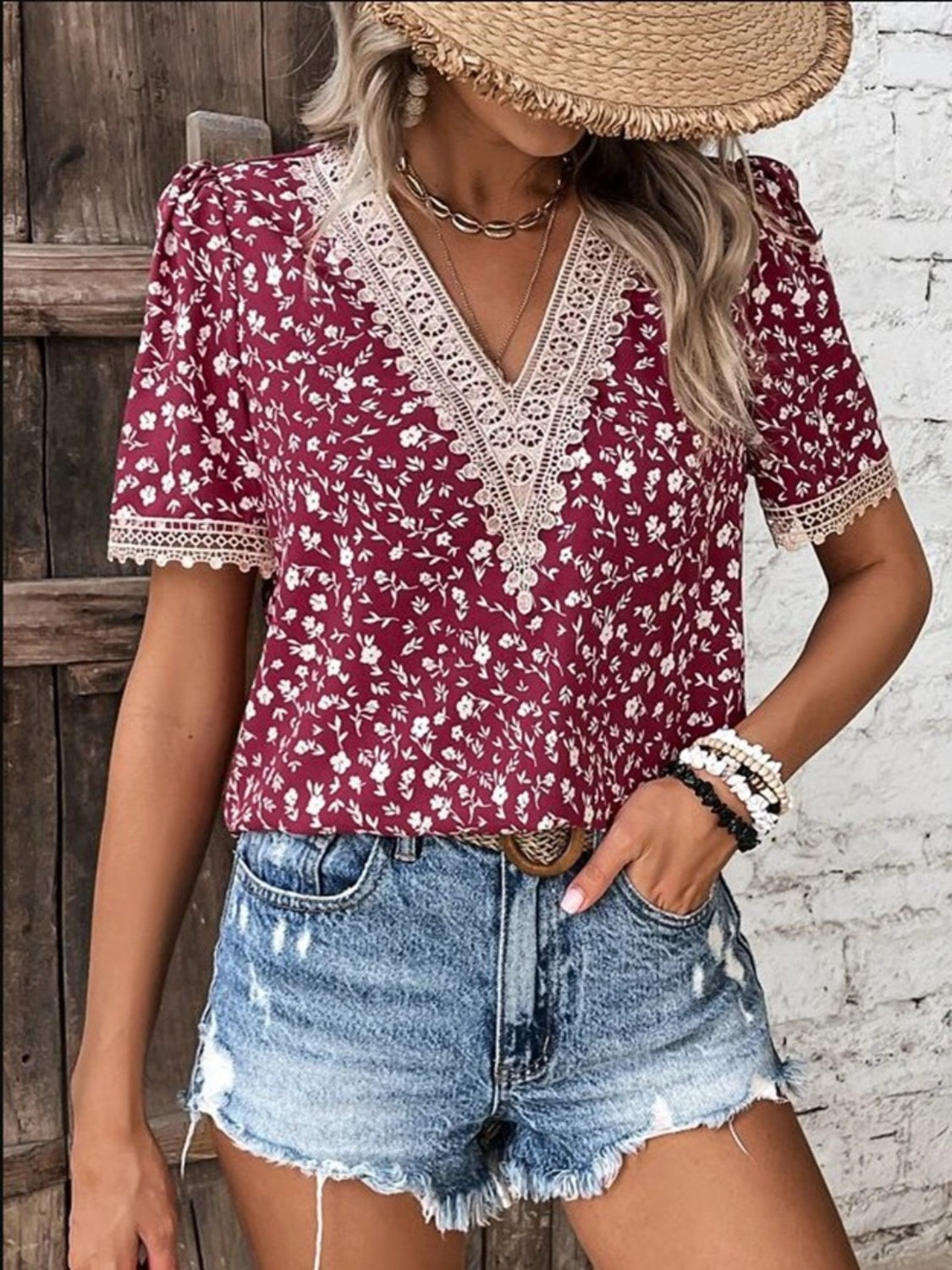 Printed V-Neck Short Sleeve Blouse